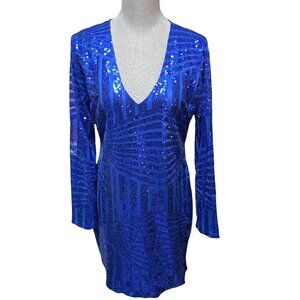 Acevog Women's Blue Sequined Cocktail V Neck Long Sleeve Mini Dress XL